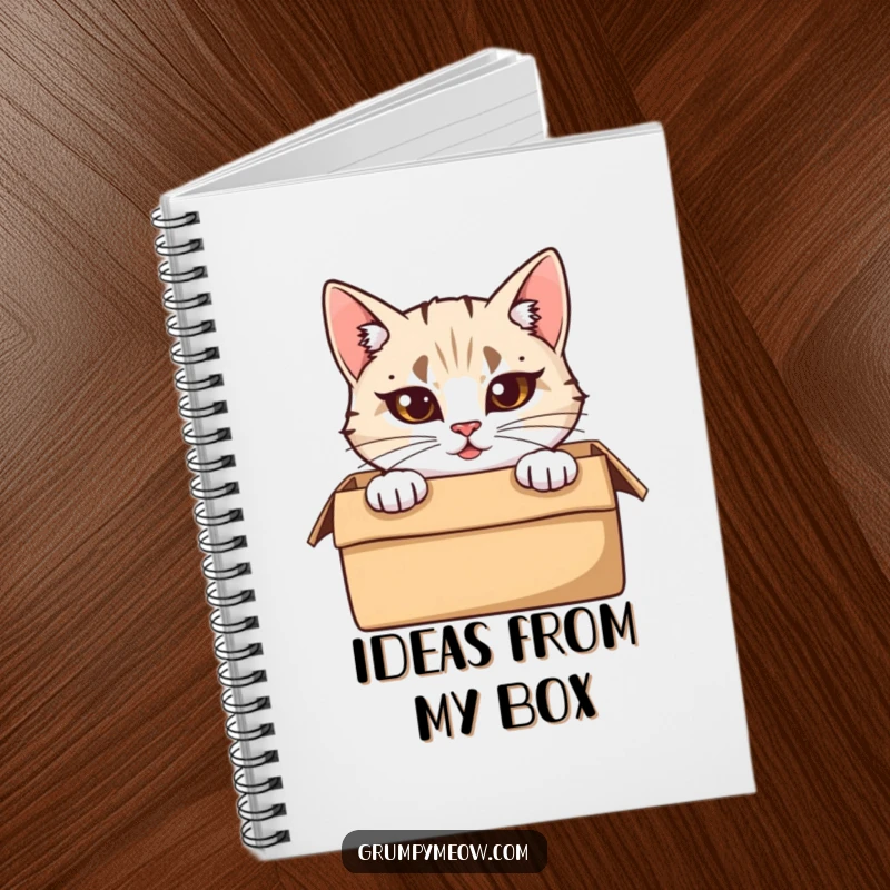 Funny Notebook: A cat with furrowed brows peeks from a cardboard box, making this notebook cover uniquely humorous and engaging.