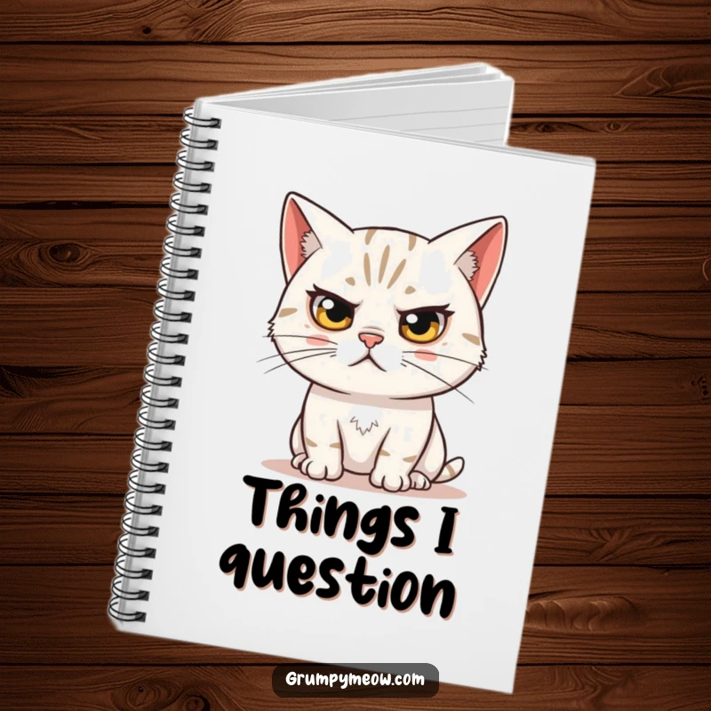 Funny notebook with a skeptical cat's raised eyebrow, observing humorously, perfect for jotting down thoughts with wit.