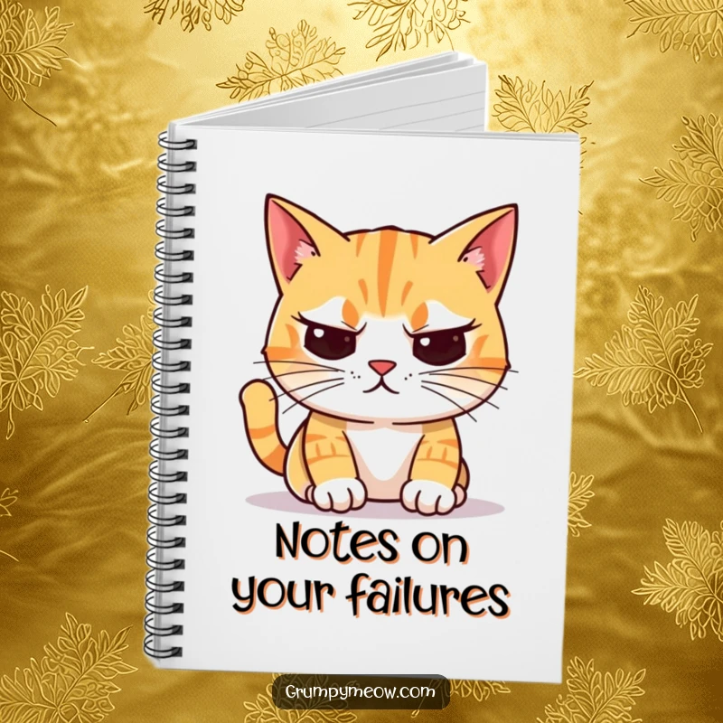 Funny Notebook: An unimpressed cat with crooked whiskers judges a colorful object, ready to document your critical thoughts.