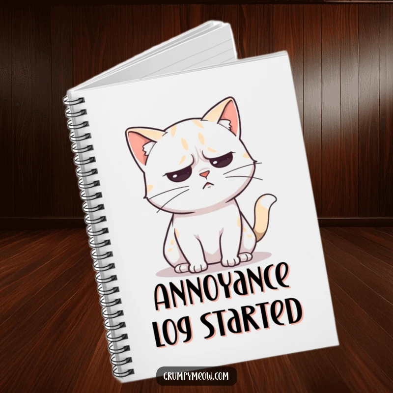 Funny notebook with an unimpressed cat slowly flicking its tail, conveying mild annoyance with humorous note-taking.