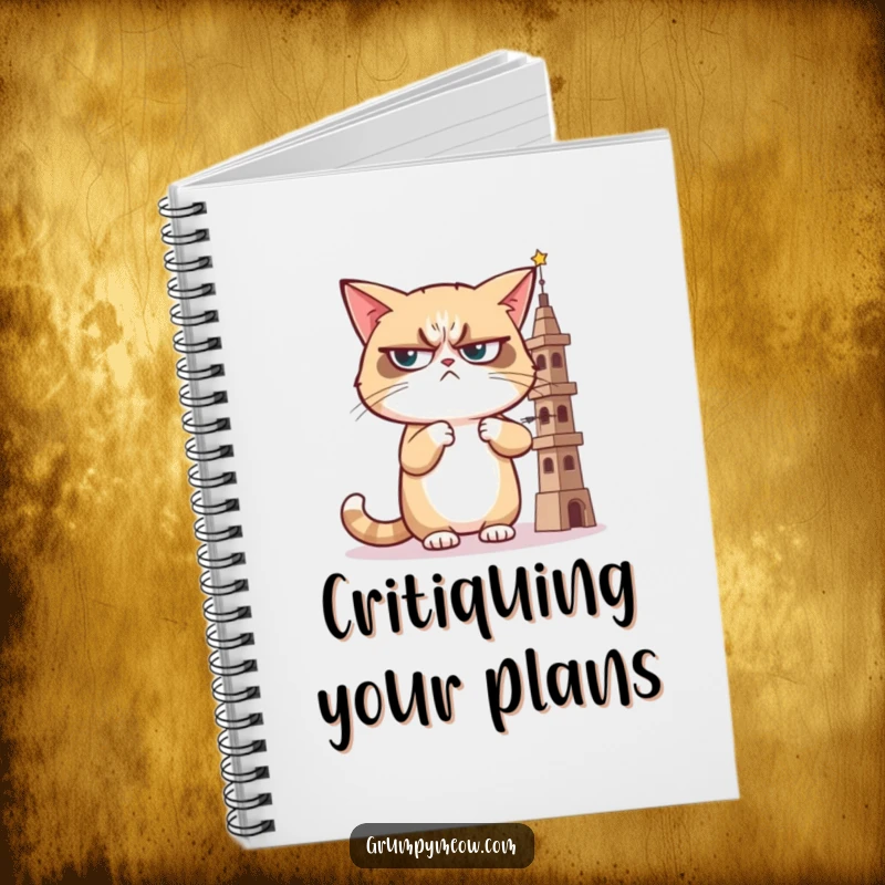 Funny notebook featuring a grumpy cat giving a sideways, judgmental glance at a wobbly tower, perfect for jotting down critiques.