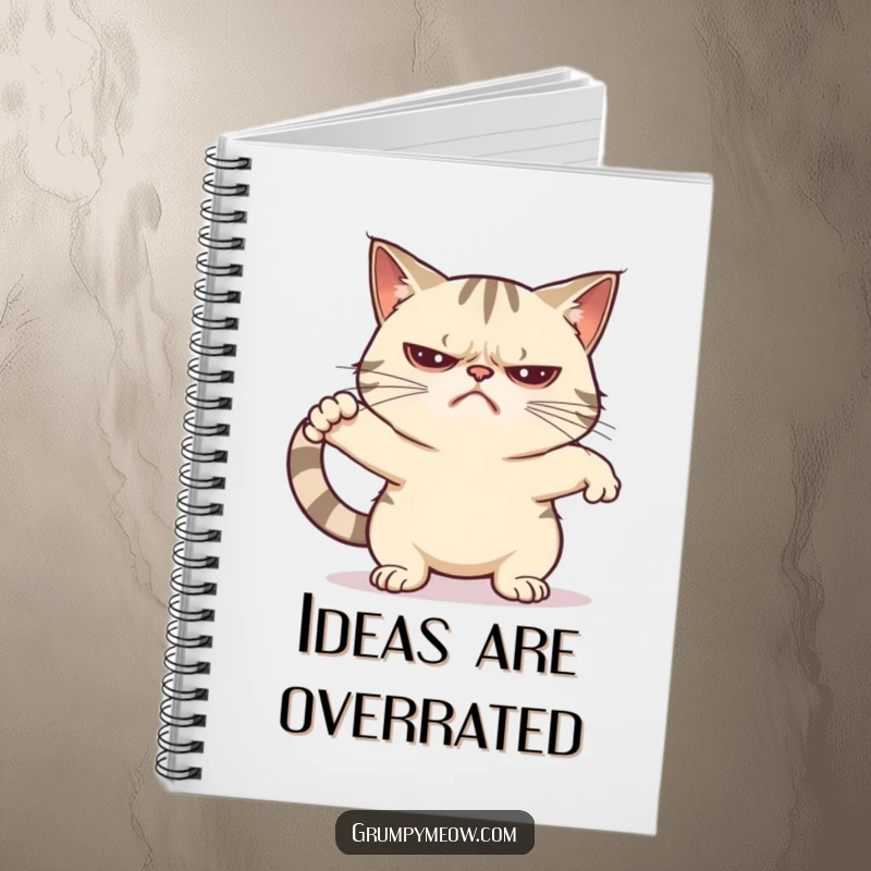 Funny grumpy cat notebook showing a cat in a half-hearted, unenthusiastic stretch, ideal for jotting down notes.
