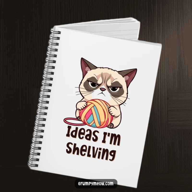 Funny grumpy cat with narrowed eyes, judging a brightly colored ball of yarn on a notebook, for jotting notes, a funny gift.