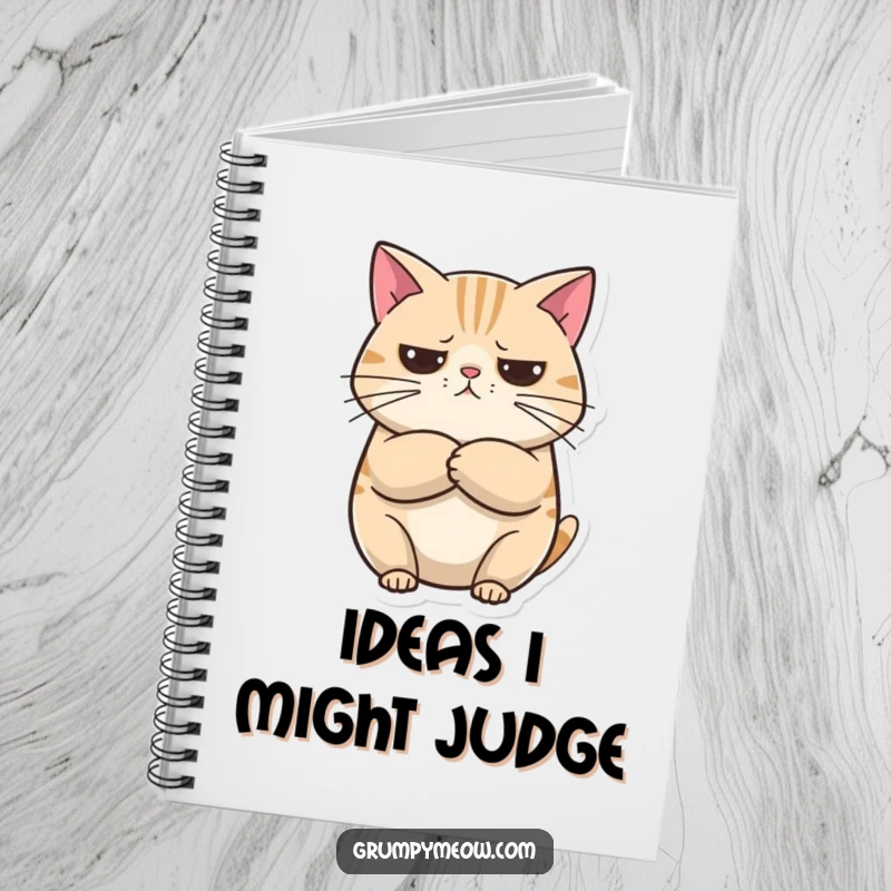 Funny Notebook: A round cat with crossed arms looks unimpressed but curious, making this notebook cover uniquely humorous and engaging.