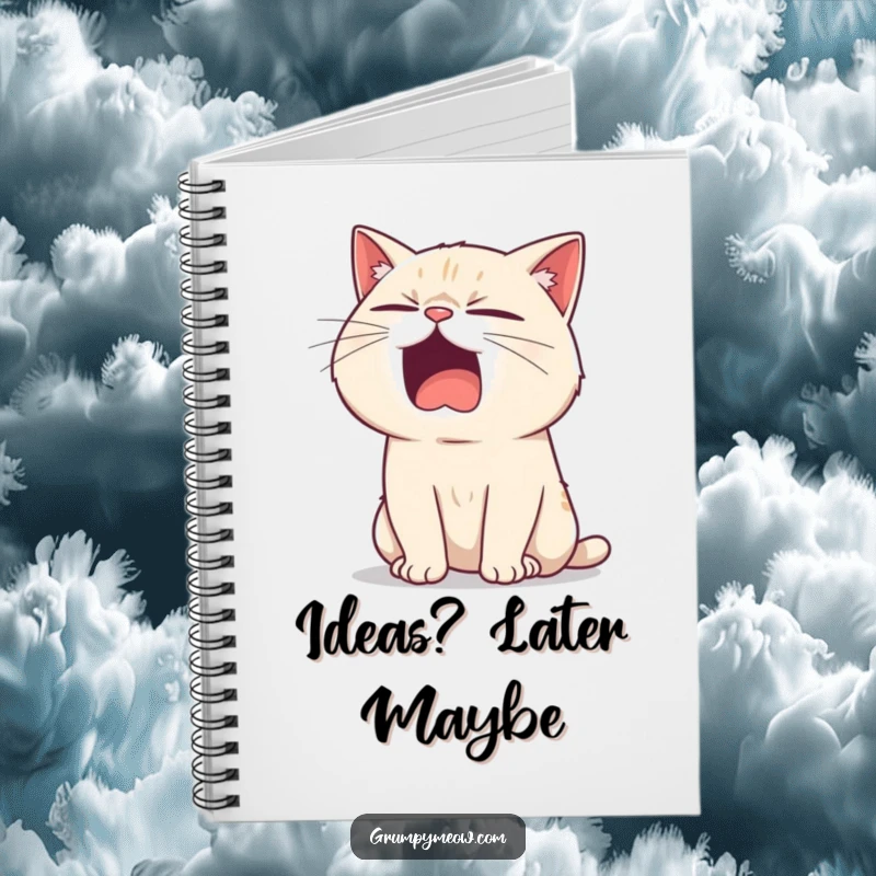 Funny notebook with a bored cat yawning widely, a sarcastic twinkle in its eye, for jotting down ideas humorously.