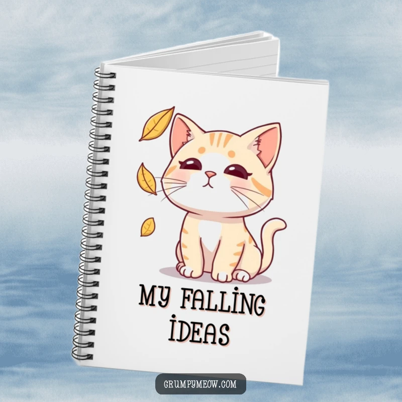 Funny notebook with a deadpan cat trying to catch a falling leaf, designed for jotting down sarcastic notes and observations.
