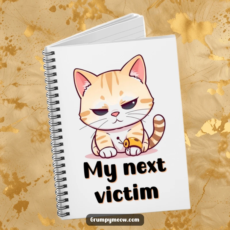 Funny cat notebook cover with a cat squinting its eyes, peering intently at a tiny insect, symbolizing focus and attention to detail.