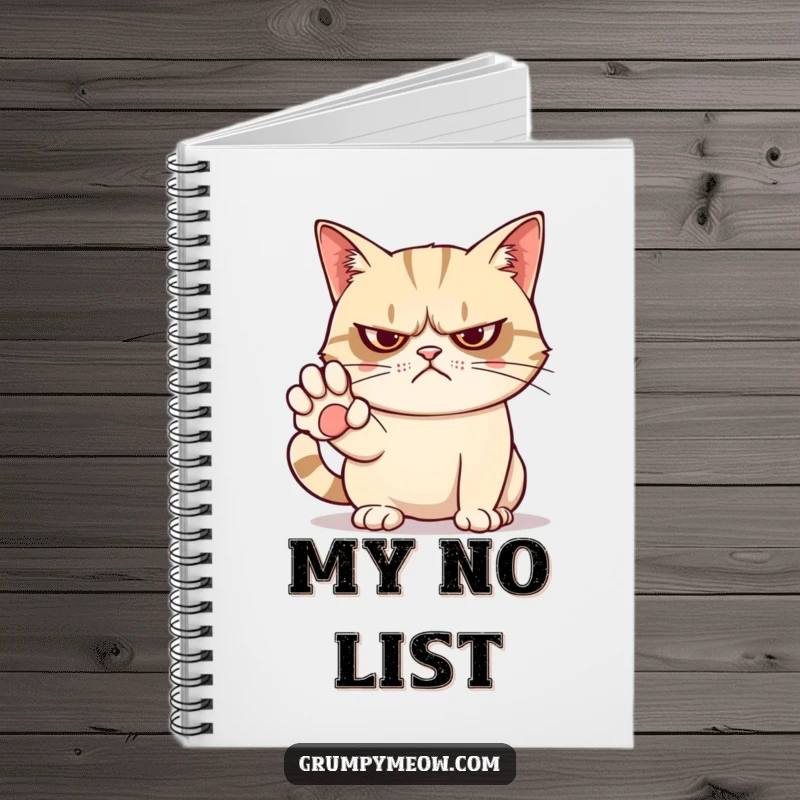 Funny notebook with a grumpy cat whose outstretched paw clearly says 'no', perfect for jotting down firm decisions.