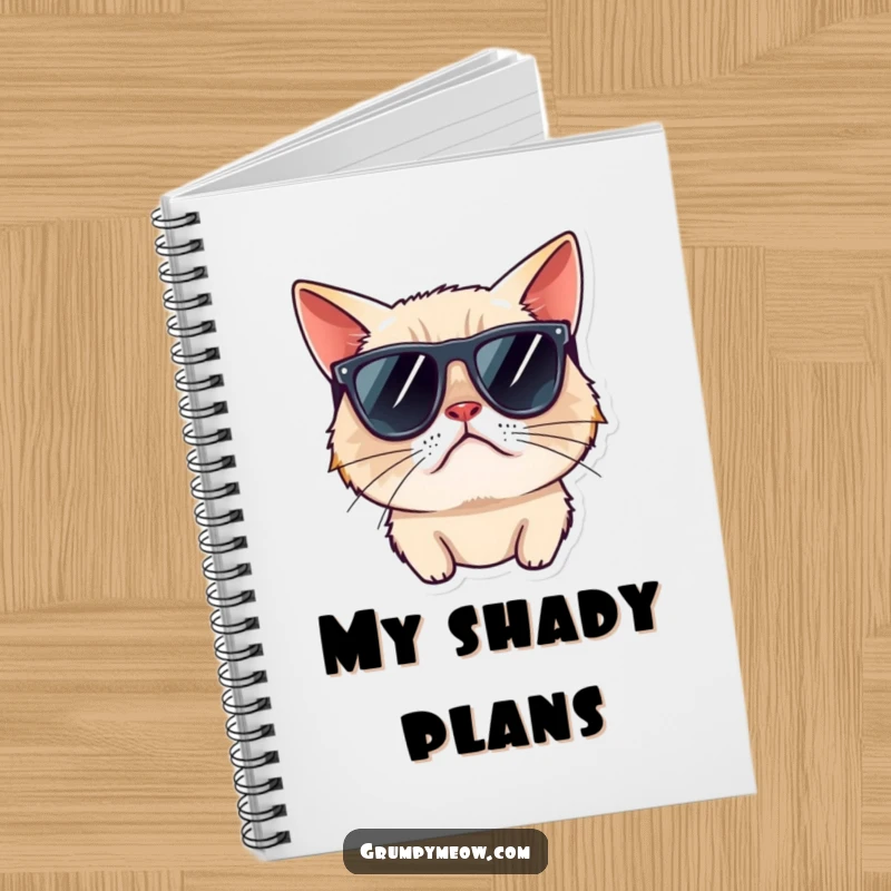 Funny grumpy cat notebook, wearing sunglasses, looking away rudely, a journal for jotting down cool and witty thoughts.