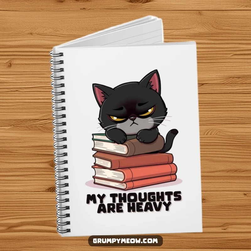 Funny notebook with a scowling black cat attempting to nap on precarious books, perfect for journaling humor.