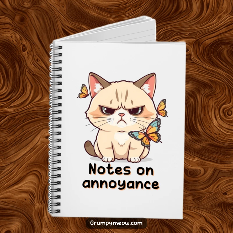 Funny grumpy cat notebook, skeptical frown at a butterfly, symbolizing thoughtful analysis, perfect funny gift for note-takers.