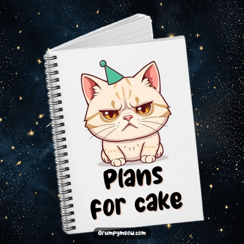 Funny notebook with a disgruntled cat wearing a tiny, ill-fitting party hat, perfect for journaling humor.