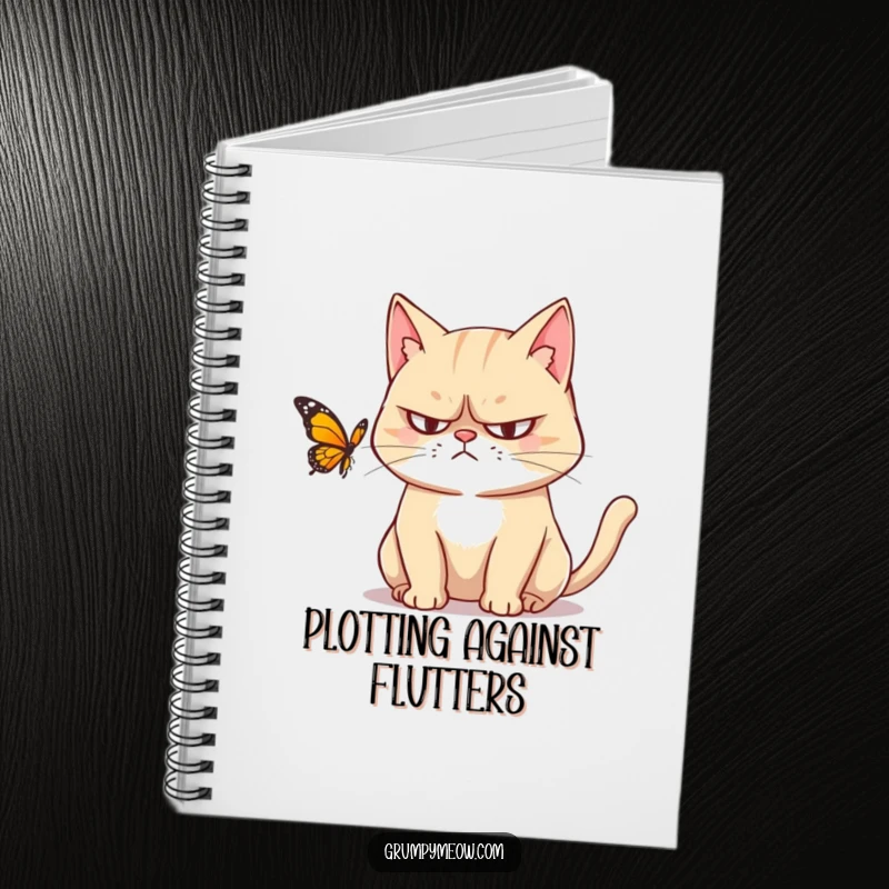 Funny notebook cover: A grumpy cat with narrowed eyes observes a butterfly, symbolizing deep contemplation and adding humor to note-taking.