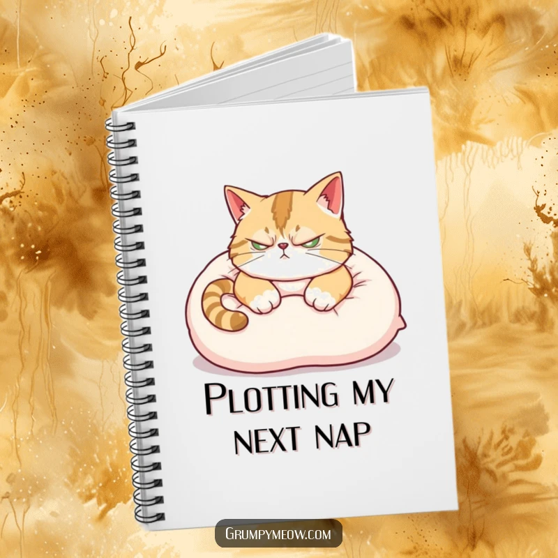 Funny Notebook: A scowling cat attempts a peaceful nap on a pillow, perfect for jotting down your own grumpy thoughts.