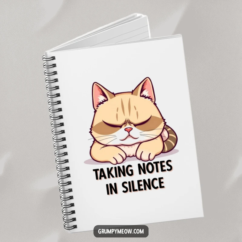 Funny notebook cover: A grumpy cat feigning sleep with slightly open eyes, symbolizing humorous secret observation.