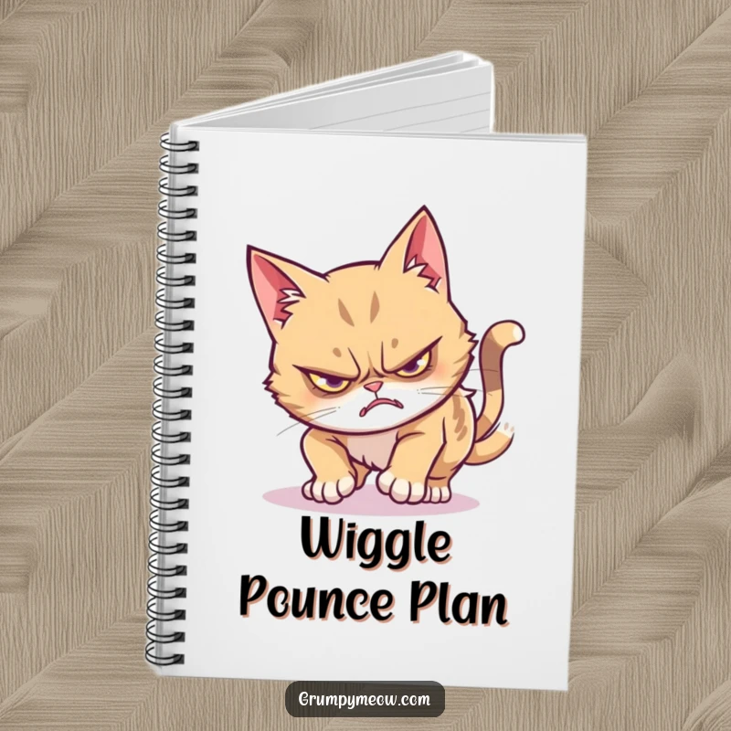 Funny grumpy cat notebook with a stealthy pounce ending in a wiggle, perfect for jotting down funny thoughts.