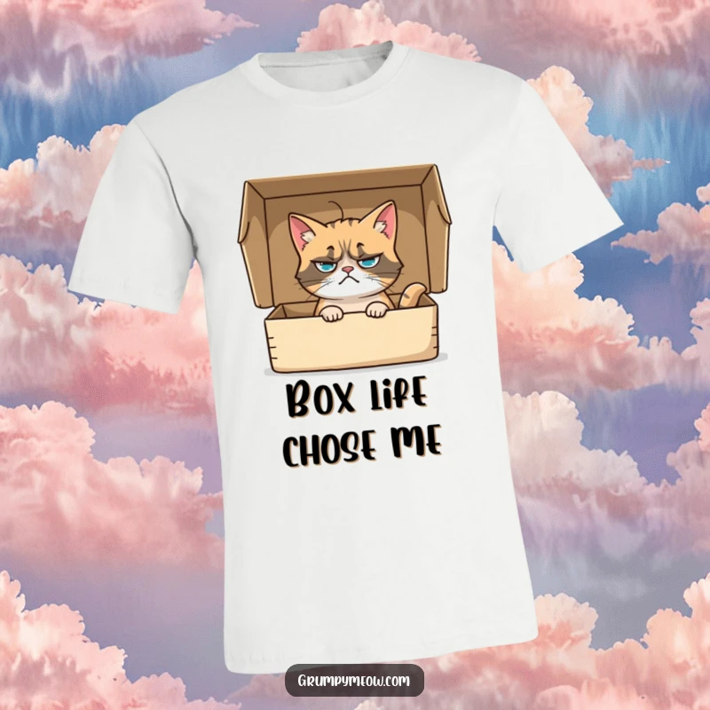Funny t-shirt featuring a grumpy cat sitting in a box, its whisker twitching with mild intrigue, a humorous gift for cat enthusiasts.