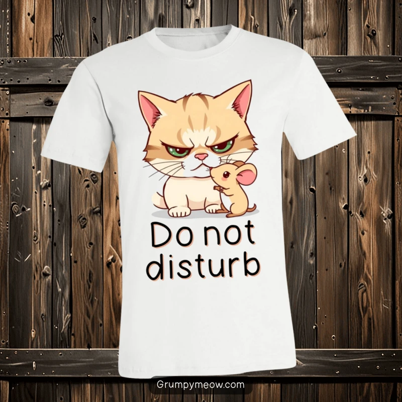 Funny t-shirt featuring a grumpy cat cautiously poking a trembling toy mouse, highlighting its curious and mischievous personality.