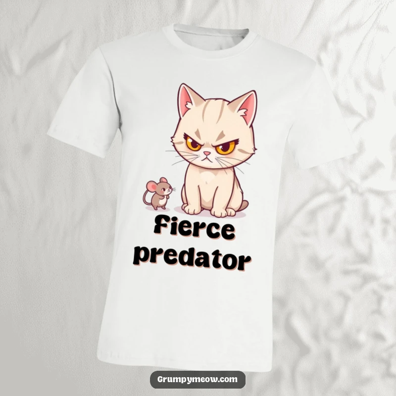 Funny cat t-shirt with a stern-looking cat actively batting a small mouse toy, displaying mock seriousness and playful aggression.