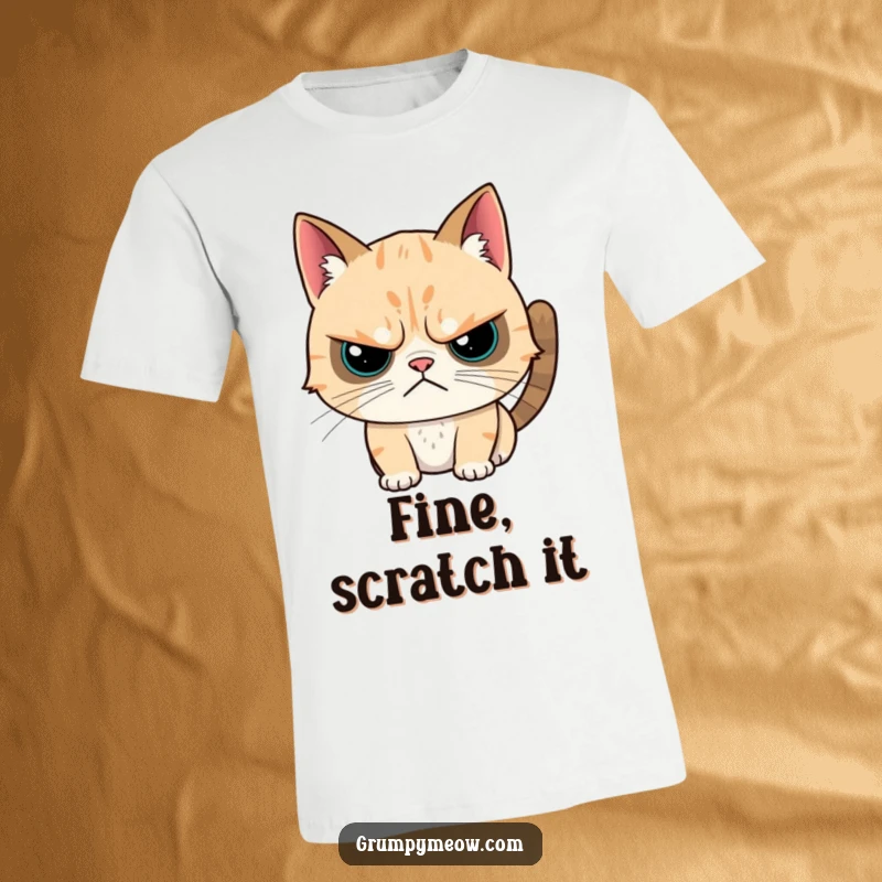 Funny t-shirt showing a grumpy cat with a visible twitch as it reluctantly accepts a head scratch, capturing feline ambivalence.