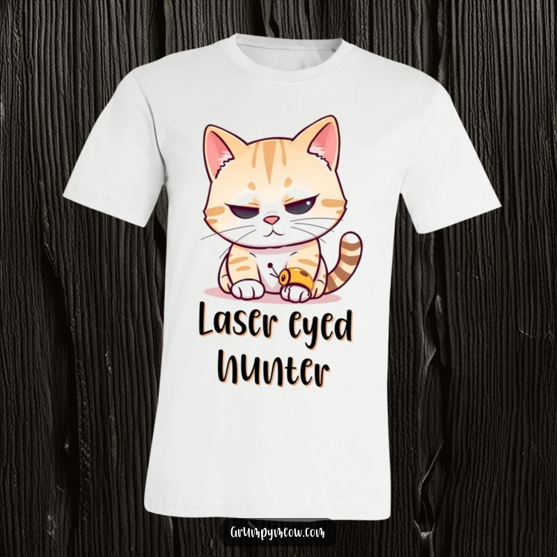 Funny cat t-shirt with a cat squinting its eyes, peering intently at a minuscule insect, highlighting its predatory focus.
