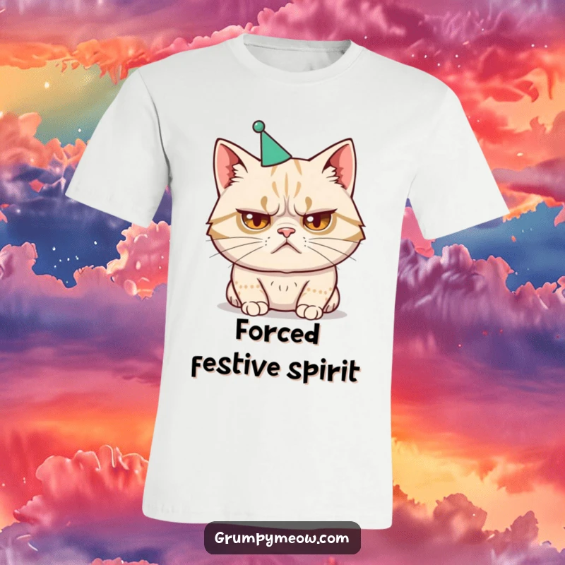 Funny t-shirt of a disgruntled cat wearing a tiny, ill-fitting party hat, expressing its unhappiness.