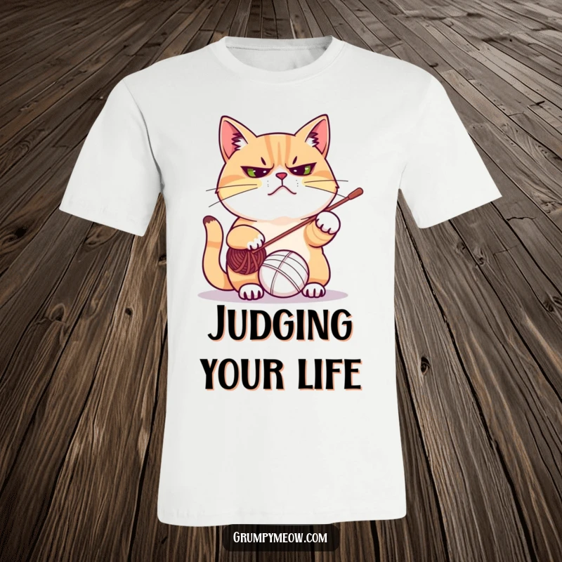 Funny t-shirt with a frowning cat's paw swiping at a chaotic yarn ball, depicting a relatable and humorous cat moment.