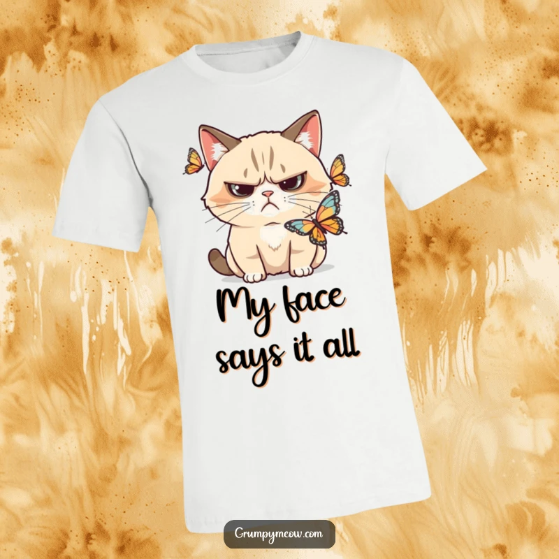Funny grumpy cat t-shirt, skeptical frown directed at a passing butterfly, a humorous gift for observers.