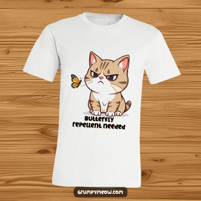 Funny t-shirt with a grumpy cat ignoring a playful butterfly, conveying humorous annoyance and a desire for solitude.