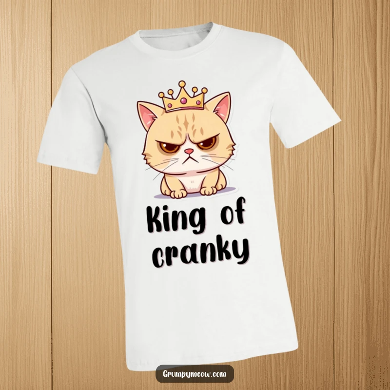 Funny t-shirt of a grumpy cat wearing a tiny crown, looking annoyed, perfect for expressing humorous feline royalty and displeasure.