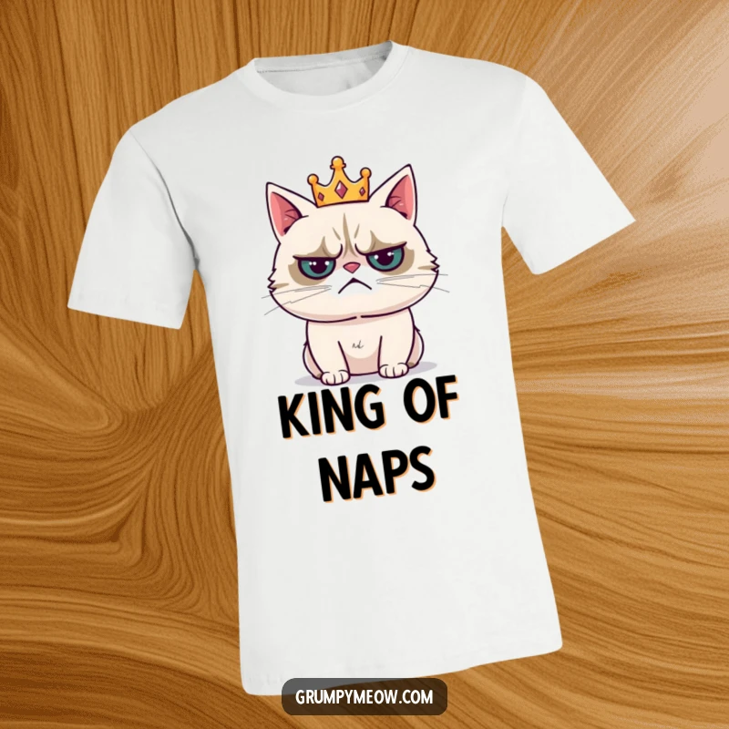 Funny t-shirt featuring a grumpy cat wearing a miniature crown with a resigned sigh, embodying reluctant leadership and feline ennui.