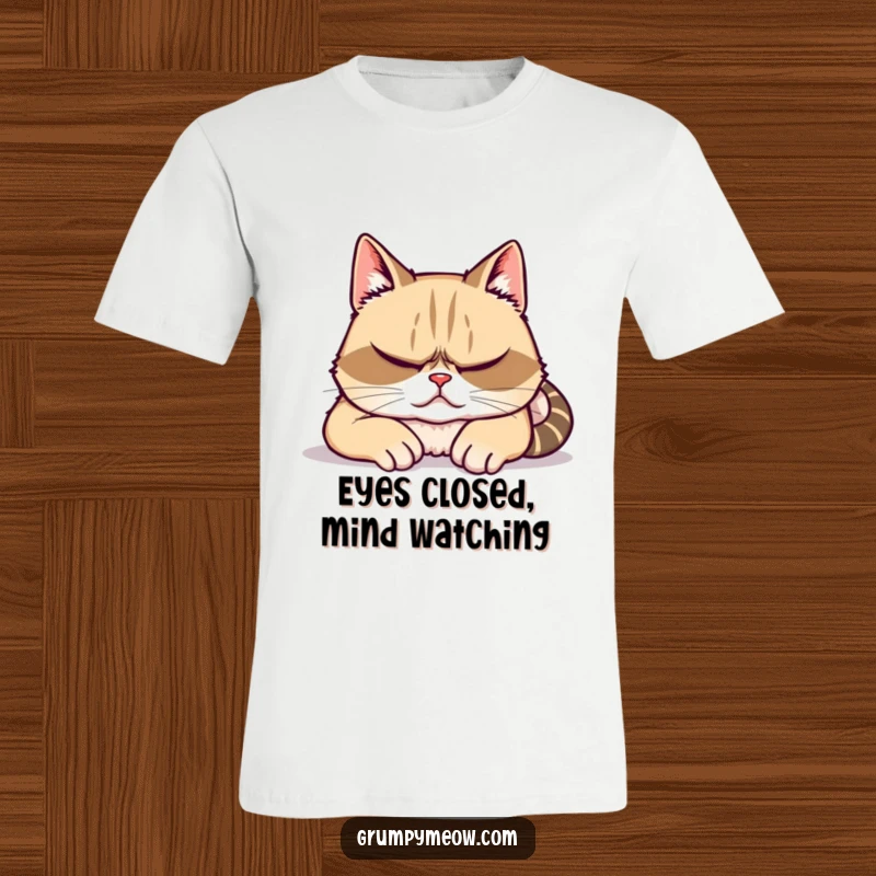 Funny t-shirt with a grumpy cat appearing asleep but with eyes slightly open, secretly observing its surroundings with witty intent.