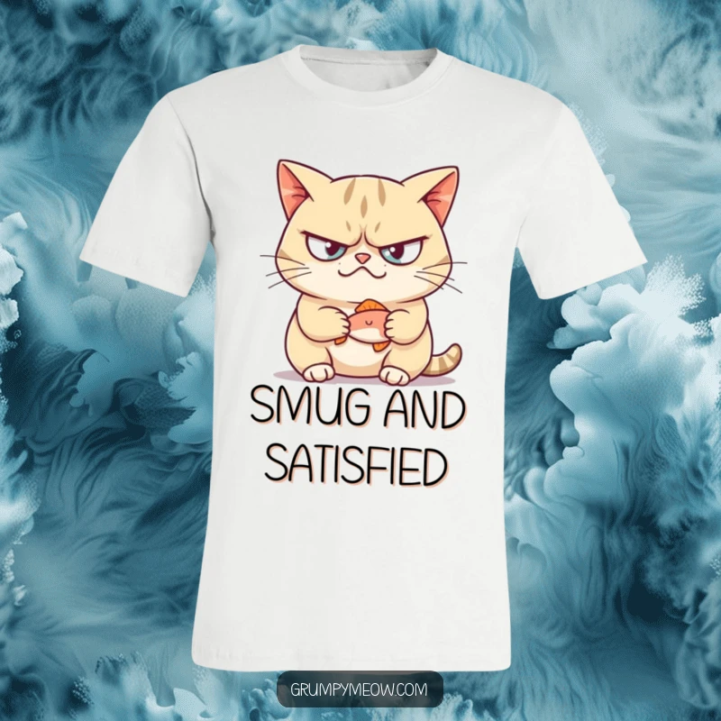 Funny t-shirt showcasing a grumpy cat with a smug smirk, holding a small fish as its prize.