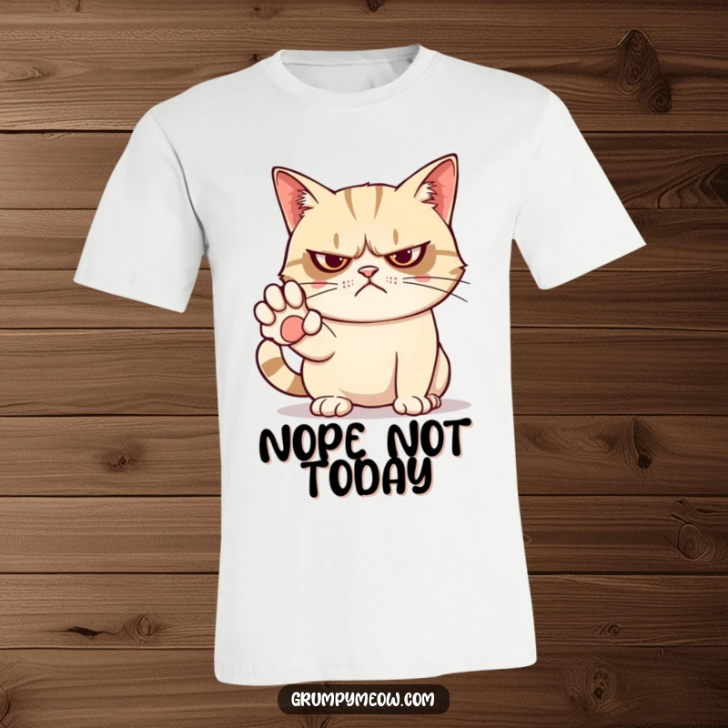 Funny t-shirt showcasing a grumpy cat with its paw extended, firmly signaling 'no' with hilarious sass.