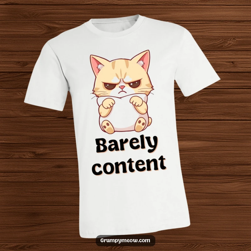 Funny grumpy cat t-shirt featuring a cat with crossed paws, looking slightly mollified by a soft pillow's comfort.