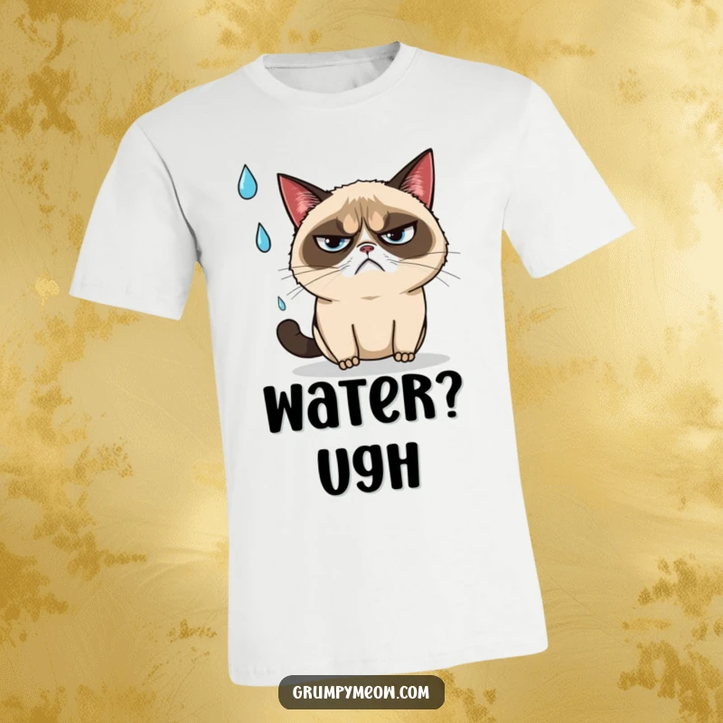 Funny grumpy cat narrowly dodging a falling raindrop with an annoyed sigh on a t-shirt, a classic funny gift.
