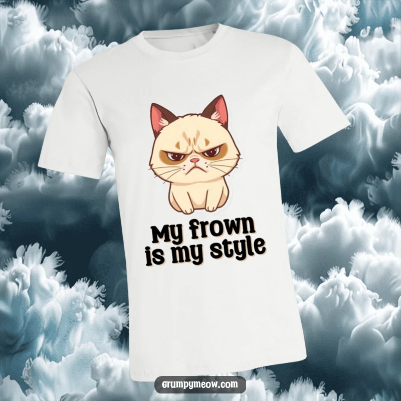 Funny grumpy cat t-shirt depicting a dramatic sigh with a frown, great for expressive humor.