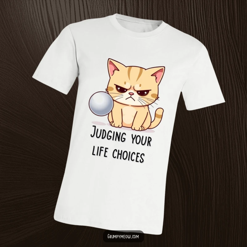 Funny t-shirt featuring a grumpy cat with narrowed eyes, staring disapprovingly at a shiny ball with hilarious judgment.