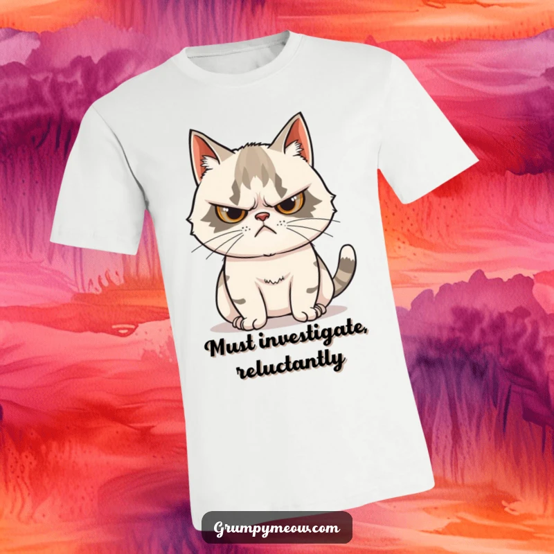 Funny Grumpy Cat T-Shirt: Features a grumpy cat with a visible scowl, but its tail hints at hidden curiosity.