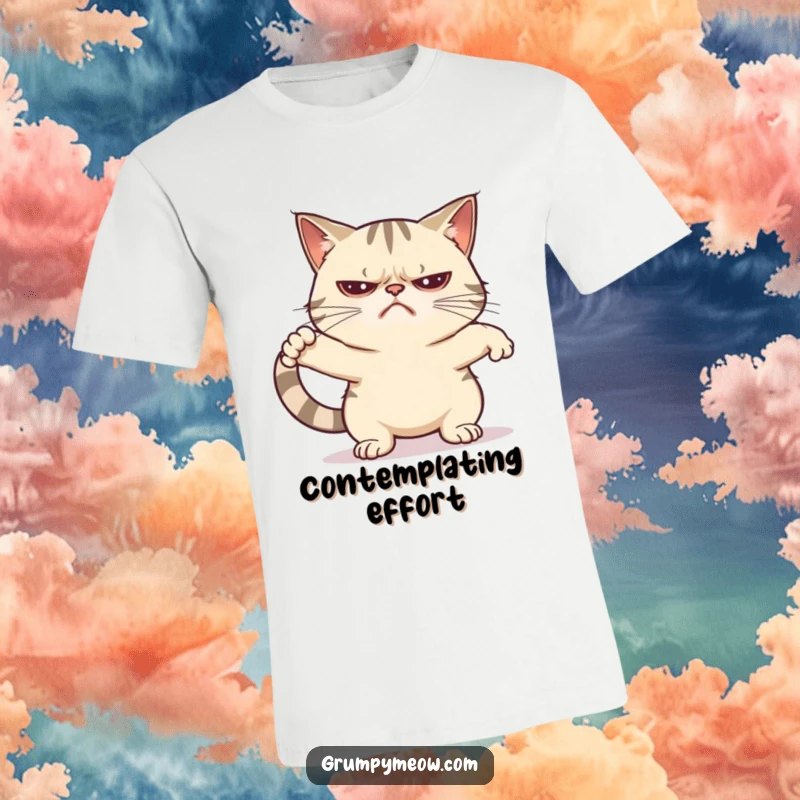 Funny grumpy cat t-shirt depicting a cat doing a comically unenthusiastic stretch, a perfect representation of morning reluctance.