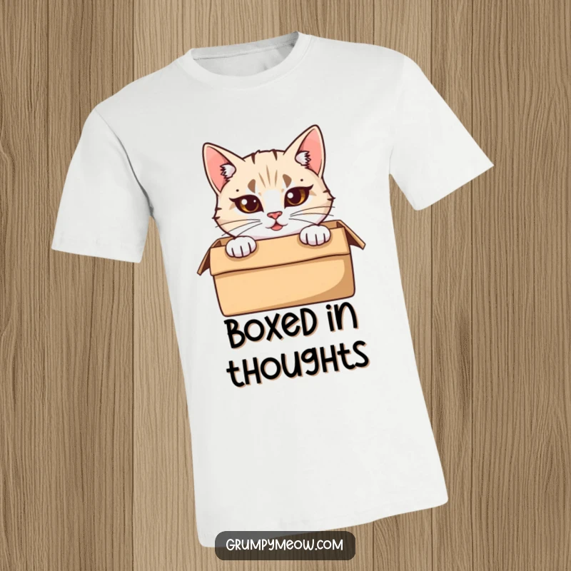 Funny T-Shirt: A cat with furrowed brows peeks from a cardboard box, embodying a humorous and relatable feline curiosity.