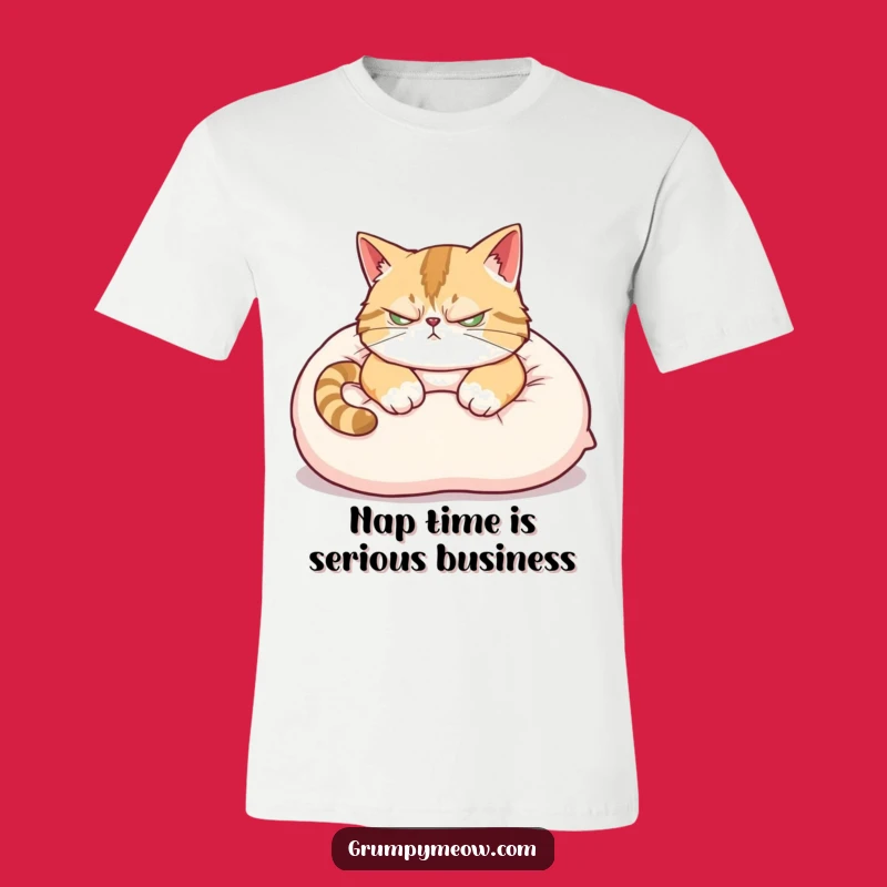 Funny Scowling Cat Pillow T-Shirt: Hilarious Sleepy Feline Apparel for Cat Enthusiasts