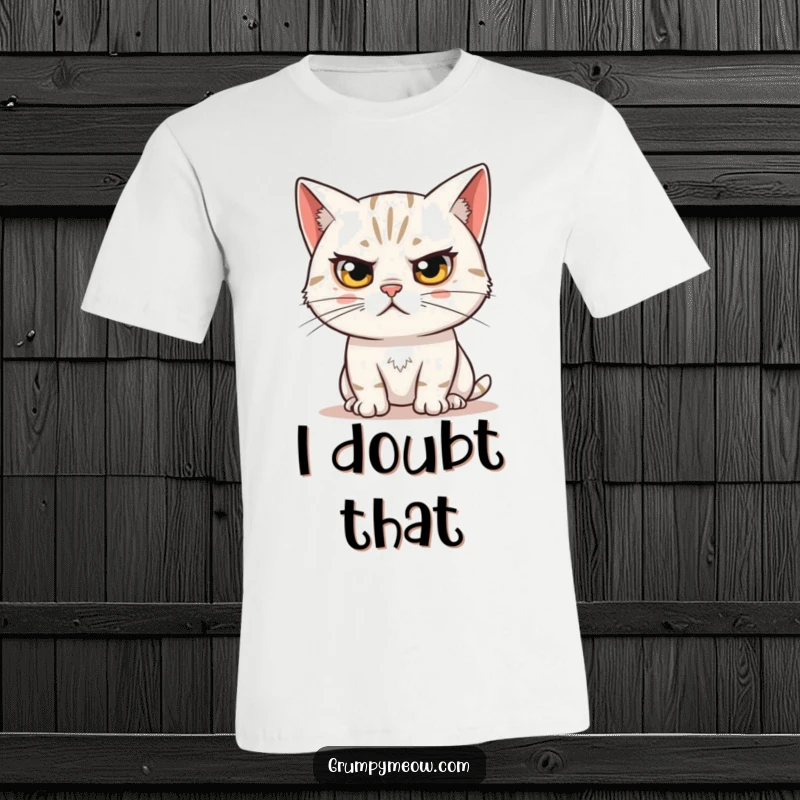 Funny t-shirt featuring a skeptical cat with a raised eyebrow, observing with humorous suspicion and witty commentary.
