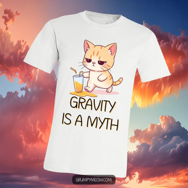 Funny cat t-shirt with a cat walking away with a resigned expression from a spilled drink, embodying accidental mischief.