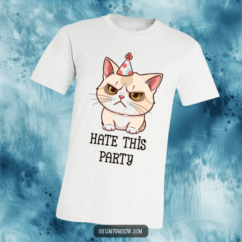 Funny t-shirt showcasing a grumpy cat comically sporting a tiny, crooked party hat, embodying reluctant festivity.