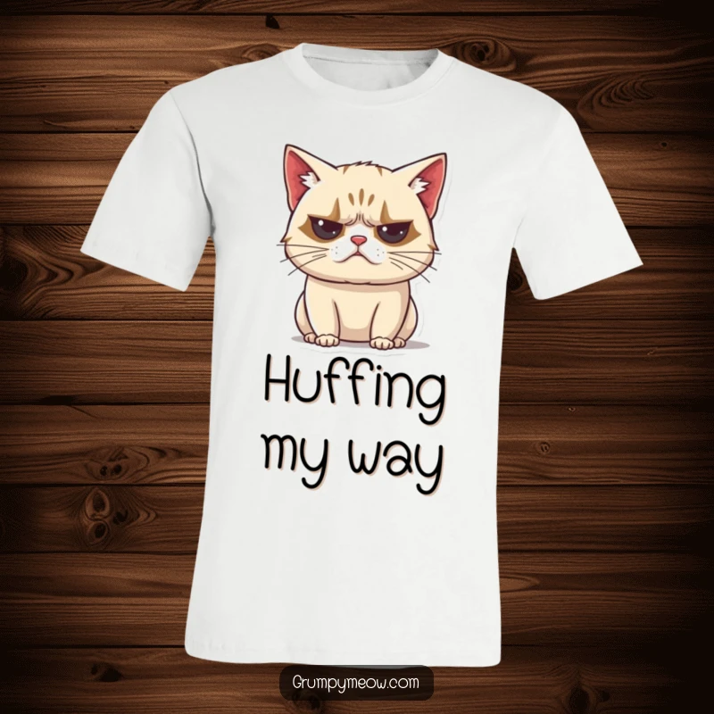 Funny grumpy cat t-shirt, exhaling, unimpressed huff, vocal disapproval, sarcastic apparel, humorous pet owner gift.