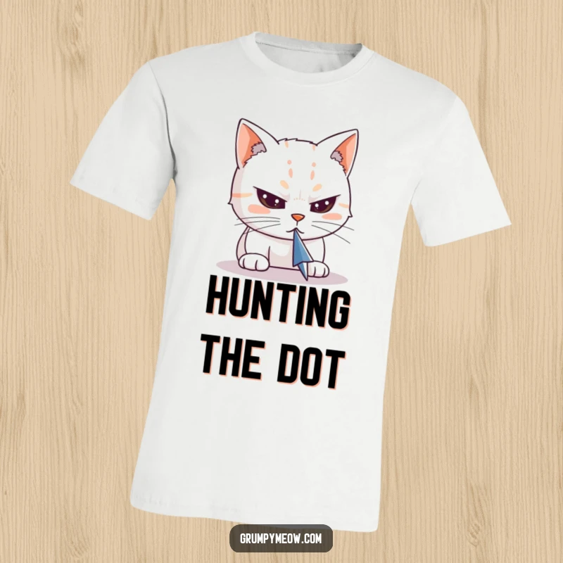Funny t-shirt graphic of a cat with laser-like focus, eyes narrowed, intently watching a computer cursor move across a screen.