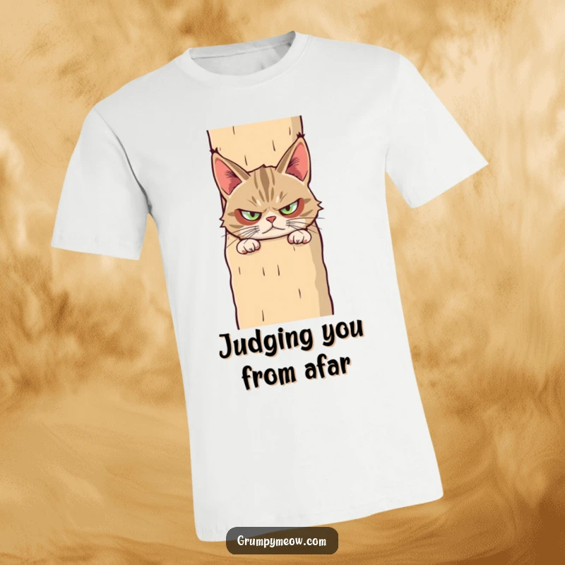 Funny t-shirt featuring a grumpy cat with a suspicious gaze, hiding behind an enormous scratching post, embodying disbelief.