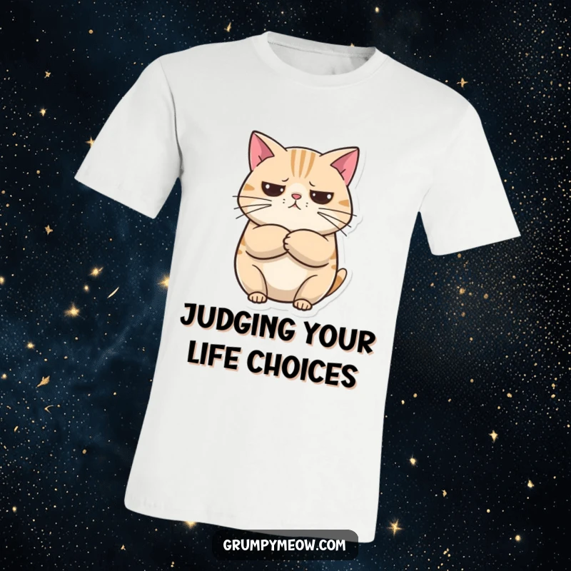 Funny T-Shirt: A round cat with its arms crossed displays an unimpressed yet curious expression, perfect for meme lovers.