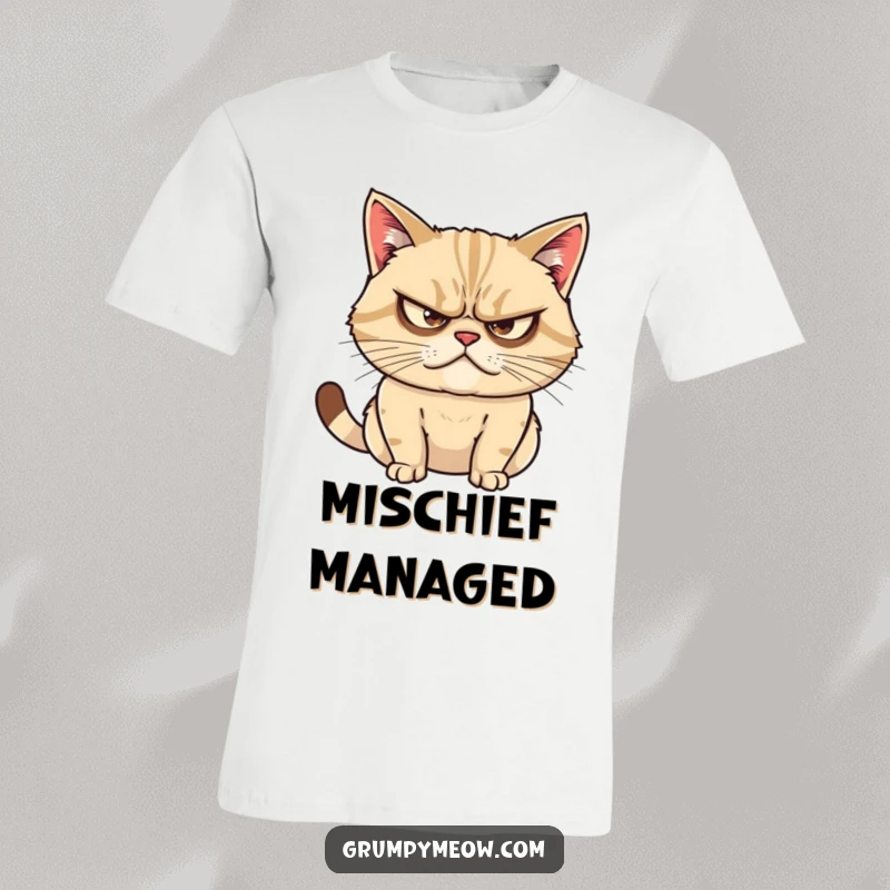 Funny t-shirt showing a grumpy cat with narrowed, intense eyes, scheming and plotting its next move with a mischievous air.